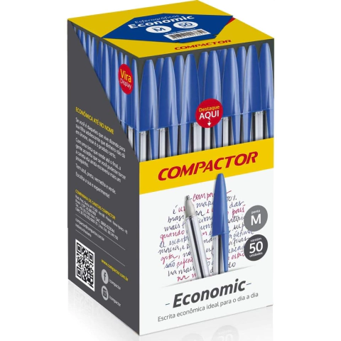 Caneta Esferográfica, Compactor 00871AZ, Cristal/Azul, Pacote de 50