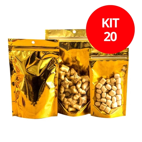 Saco Stand Up Pouch Dourado Brilhante 14x20+4cm - Caixa c/ 1000 un (20 pacotes)