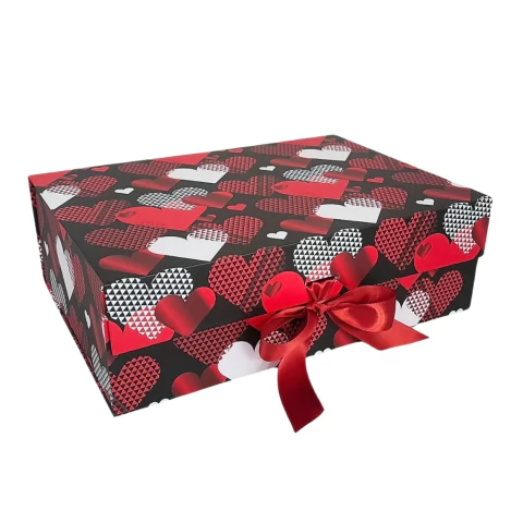 Caixa Dobrável com Fita de Cetim Estampa Corações P 28,2x20,2x9,2cm