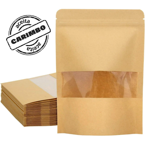 Saco Stand Up Pouch Kraft c/ Visor 9x14+3cm - Pct c/ 50