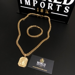 KIT CORDÃO E PULSEIRA GRUMMET (8MM) – 70cm + PINGENTE FACE DE CRISTO 3D – BANHADA A OURO 18K - loja online