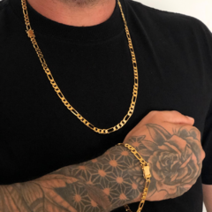 KIT CORDÃO E PULSEIRA 3 x 1 TRAVA DUPLA LÂMINADA 6 MM – 70cm BANHADA A OURO 18K