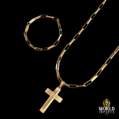 KIT CORDÃO E PULSEIRA TIJOLINHO (5MM) – 70cm + PINGENTE CRUCIFIXO 3D – BANHADA A OURO 18K - World Imports 18k
