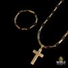 KIT CORDÃO E PULSEIRA TIJOLINHO (5MM) – 70cm + PINGENTE CRUCIFIXO 3D – BANHADA A OURO 18K