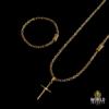 KIT CORDÃO E PULSEIRA CADEADO (4MM) TRAVA DUPLA – 70cm + PINGENTE CRUCIFIXO – BANHADA A OURO 18K