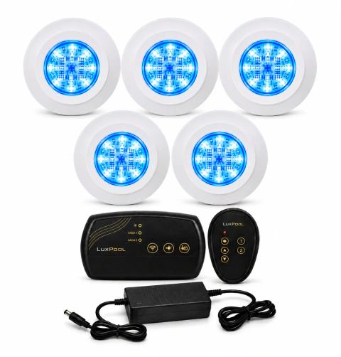 Kit 5 LED RGB 9W ABS + Comando Wi-Fi LuxPool Tholz 2 Saídas