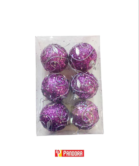 PELOTAS NAVIDEÑAS VIOLETAS CON CURVAS Y BRILLO X6 6CM (6263880060081)