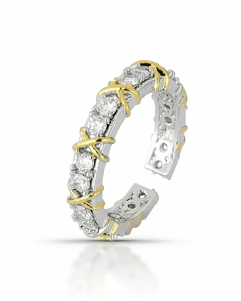 Anel 18 zircônias com detalhe X duo banho - Inspiração Tiffany - comprar online