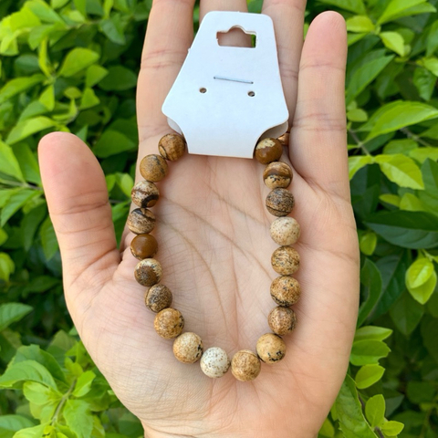 Pulseira Jaspe Madeira Pedras Naturais Esfera Bolinha