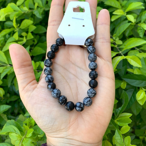 Pulseira Obsidiana Floco de Neve Pedras Naturais Esfera Bolinha