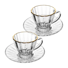 CJ 2 XICARAS PARA CHA DE CRISTAL ECOLOGICO COM FIO DE OURO E PIRES RADIAL 180ML