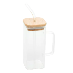 Caneca de Vidro c/ Canudo e Tampa de Bambu 400ml (29334)