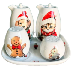 Cj Galheteiros com Bandeja em Porcelana Natal Brinquedos 5 pçs