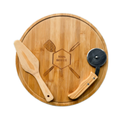 KIT PARA PIZZA COM GARRAFA - BAMBU / INOX / VIDRO - 4 PCS (KT-90169)
