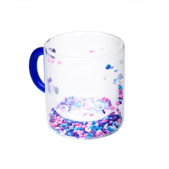 Caneca Parede Dupla de Vidro Borossilicato c/ Alça Rosa Azul Stars 300ml
