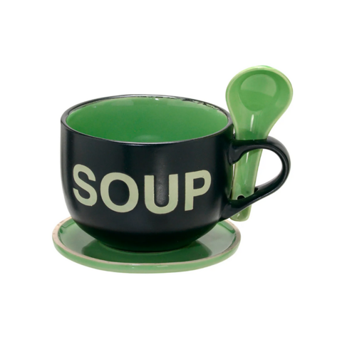 Caneca Ceramica Sopa c/ Colher Verde 470ml