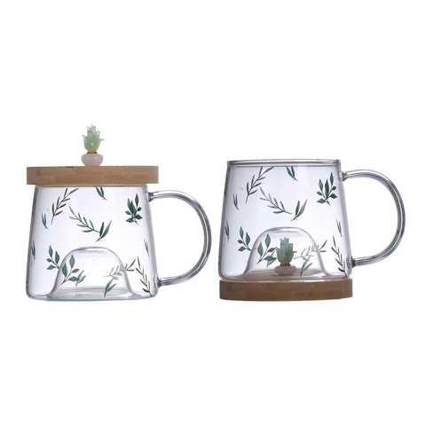 Caneca De Vidro Com Pires De Bambu Suculenta 350ml - Lyor
