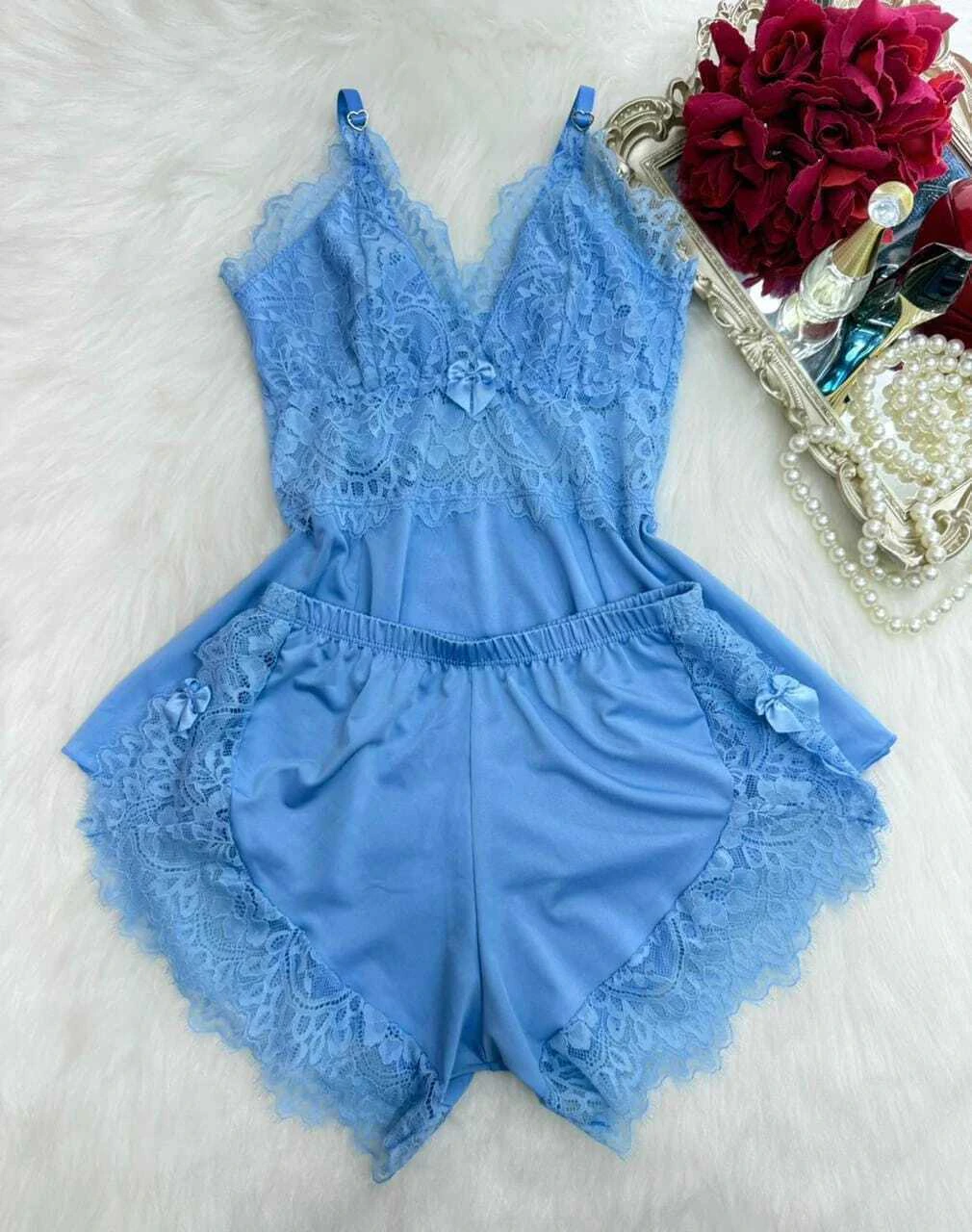 Baby Doll Luxo Azul Claro em Microfibra e Renda