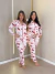 Pijama Americano de Suede Longo Estampa de Cereja e Laços