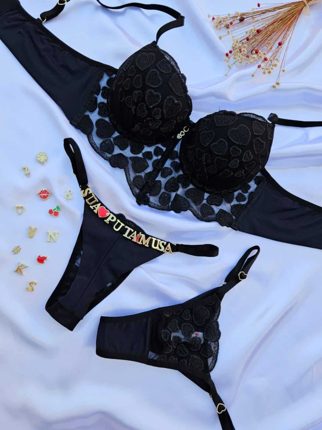 Conjunto Cropped Amore com Bojo com Calcinha Fio Duplo com Regulagem Personalizável Preto