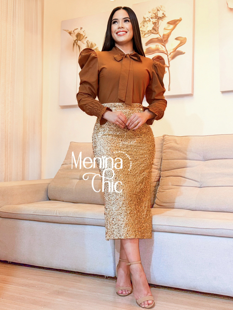Saia Midi Paetê Ouro Dourado - comprar online
