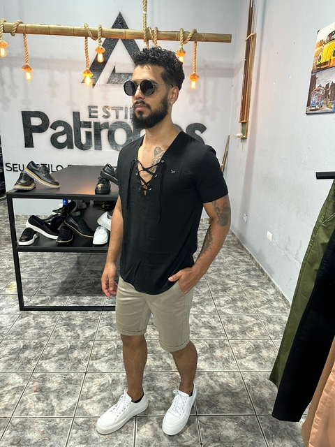 Camisa masculina bata manga curta preta