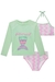 Conjunto de blusa de manga longa verde com estampa de sereia e biquíni de alças com padrão ondulado nas cores rosa e azul.