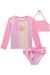 Conjunto de biquíni e blusa em malha cirrê com proteção UV 50+, em tons de rosa e pastel, ideal para crianças.