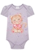 Body em cotton lilás com estampa de gato sorridente e laço rosa, ideal para bebês.