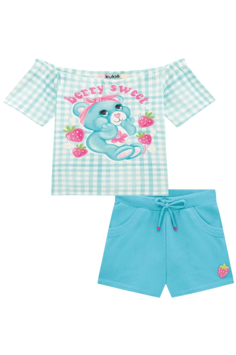 Conjunto infantil kukiê de Blusa e Shorts Ursinhos Carinhosos - Frente