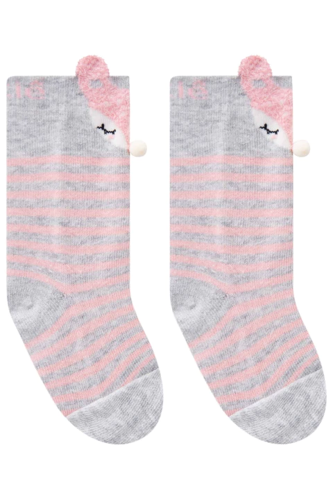 Meia infantil kukiê 3/4, raposinha rosa e cinza