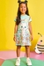 Vestido infantil Kukiê em Neo Fresh, estampa de gatinho com flores - frente