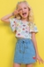 Conjunto infantil Kukiê de Blusa Cropped em Canelado e Shorts Saia em Jeans