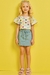 Conjunto infantil Kukiê de Blusa Cropped em Canelado e Shorts Saia em Jeans - Frente