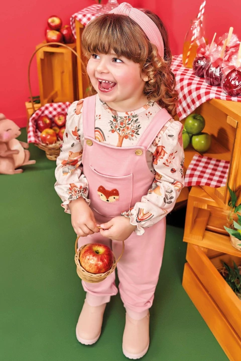 Conjunto infantil kukiê de body e jardineira raposinha, em moletom sem pelúcia 