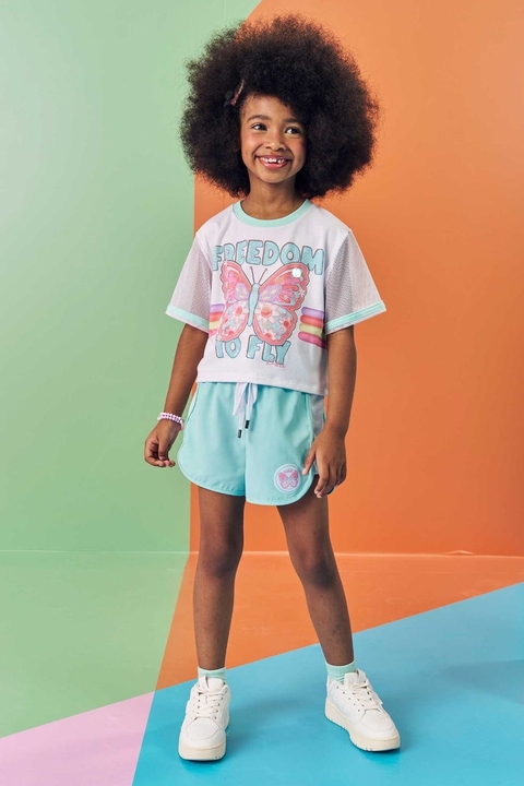 Conjunto infantil kukiê de blusa e shorts em tela - Frente