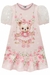 Vestido infantil rosa com estampa de ursinho e flores, confeccionado em Fly Tech e Tule Corações.