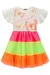 Vestido infantil em cotton e tule com estampa de borboletas coloridas e saias em camadas neon.
