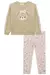 Conjunto infantil feminino com blusão de moletom bege com estampa de ursinho e laço rosa, acompanhado de calça legging estampada com flores delicadas