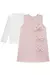 Conjunto de vestido em jacquard rosa com laços e blusa de cotton branca para meninas.