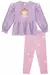 Conjunto de bata lilás com estampa de menina e calça legging rosa com corações, ideal para bebês meninas.