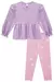 Conjunto de bata lilás com textura quadriculada e calça legging rosa com estampas de corações.