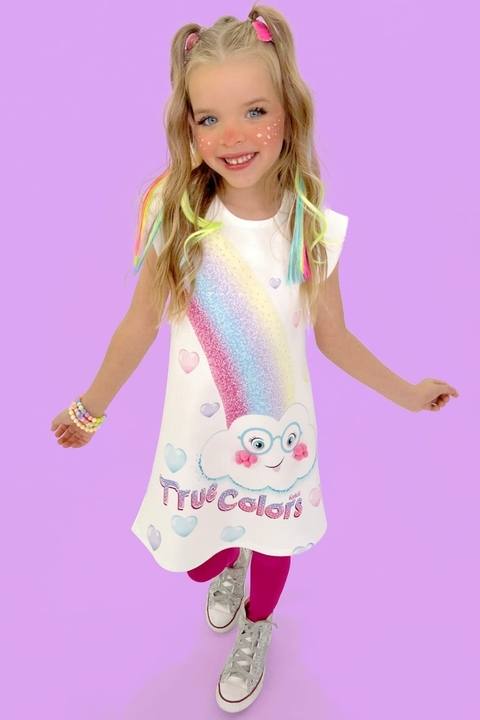 Vestido Infantil Kukiê Arco-íris - Linha Trolls - Frente