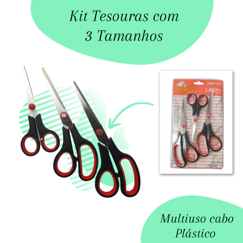 Kit Tesouras Com 3 Tamanhos Multiuso Cabo Plástico