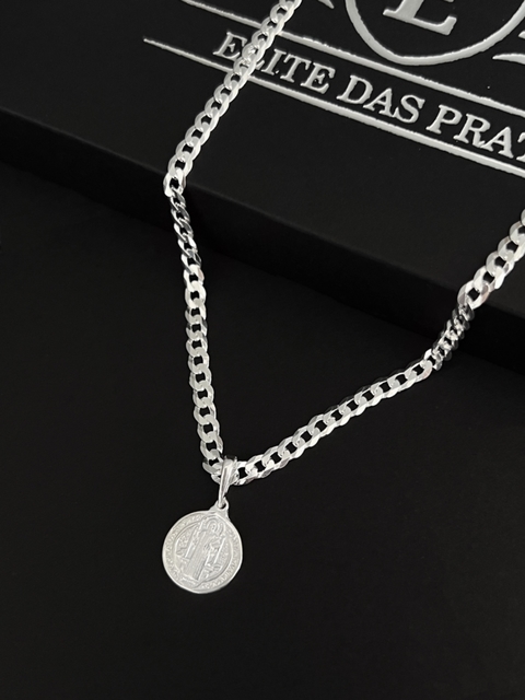 CORRENTE GRUMET 4MM 60CM + PINGENTE MEDALHA SÃO BENTO-PRATA LEGÍTIMA 925