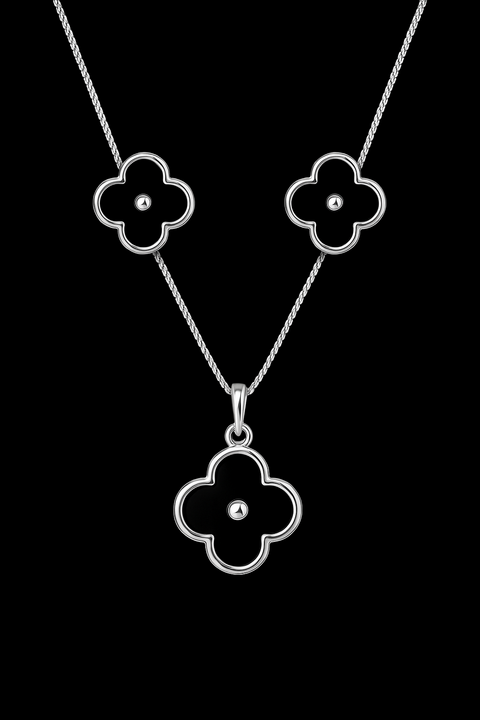 CONJUNTO TREVO PRETO 40CM - PRATA LEGÍTIMA 925