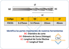 FDC01 Fresa 2 Filos DC3.175mm Down-Cut Negativa en internet