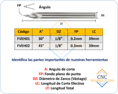 FVE02 Fresa V45° Espiral Tallado Fino - CNC Trianglestudio