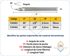 FVE01 Fresa V30° Espiral Tallado Fino - CNC Trianglestudio