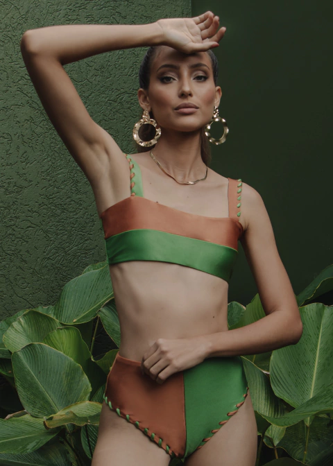 Bottom (Calcinha) Marina Caseado Duo Cobre / Oliva Trilobal